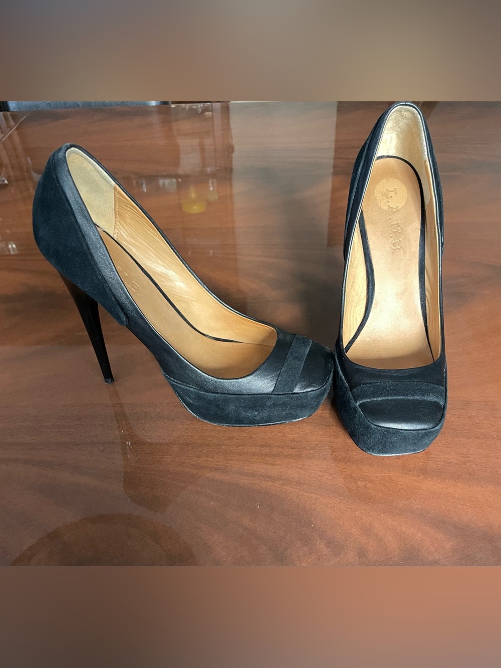 L.A.M.B. High Heel Leather Platform Pumps in Black by Gwen Stefani